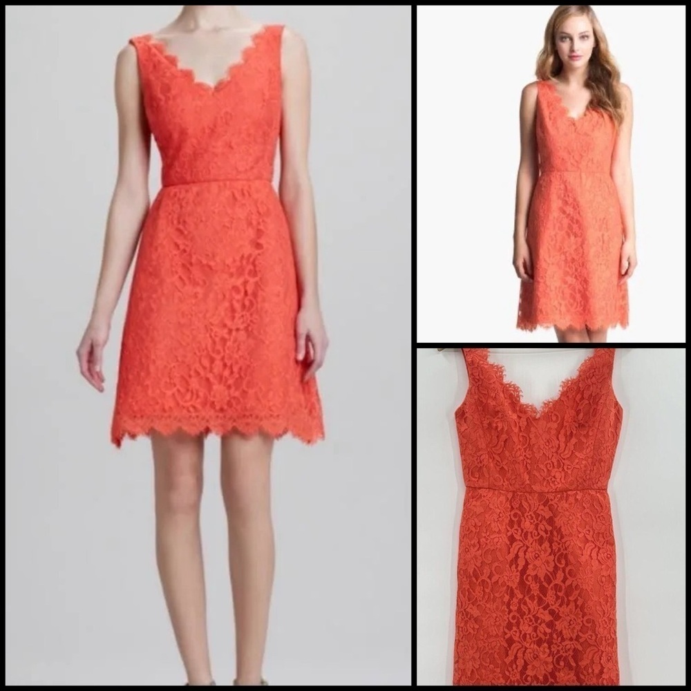 Monique Lhuillier ML Coral Lace Scalloped V-Neck Sleeveless Coquette Dress Sz 8